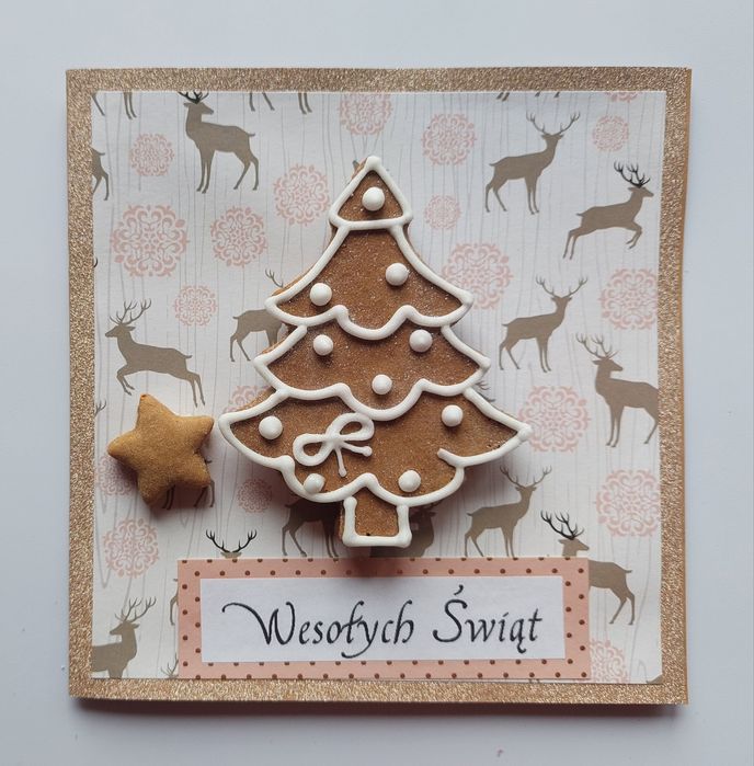 Kartka z Piernikiem Gwiazdka Choinka Prezent Podziękowanie Mikołajki