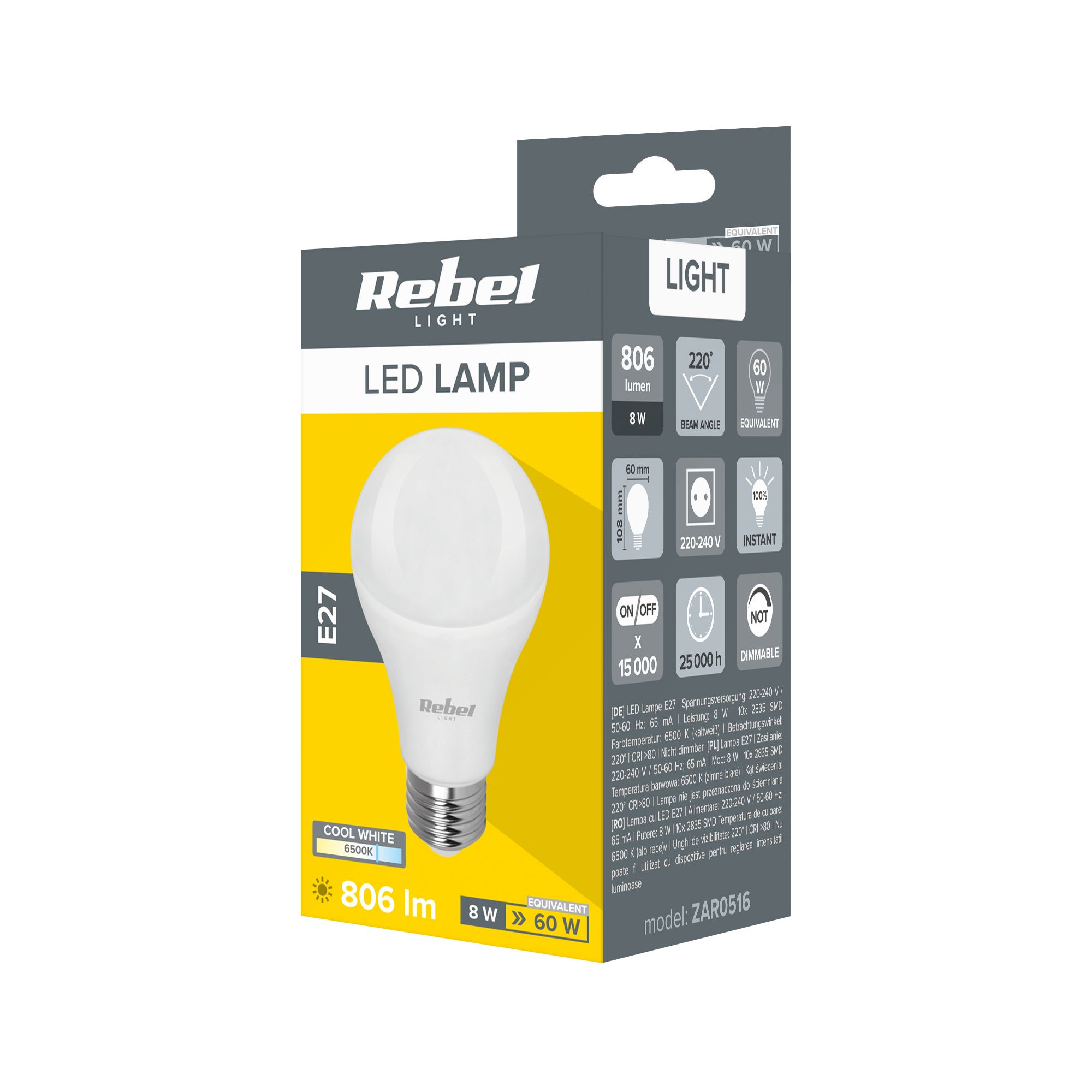 Lampa LED Rebel  A60 8W, E27, 6500K, 230V