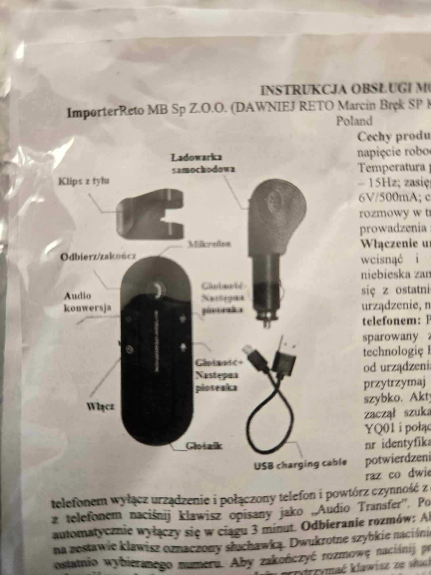 Zestaw głośnomówiący Bluetooth + przewód 3m - okazja !!!