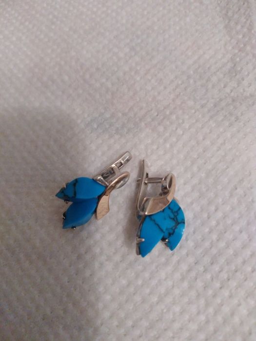 Сережки срібні з позолотою, з бірюзою