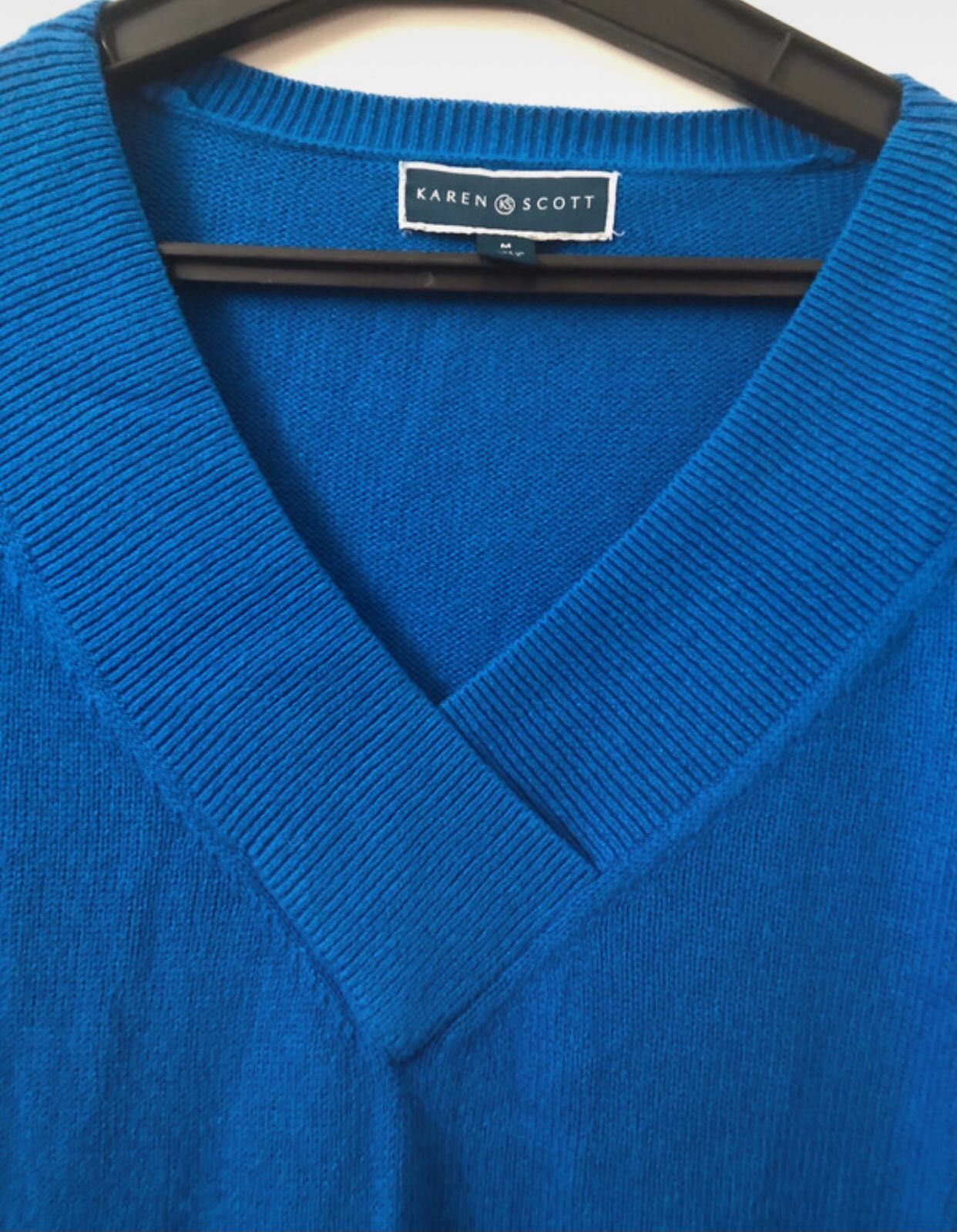 Karen Scott kobaltowy niebieski sweter w serek bawełna akryl M