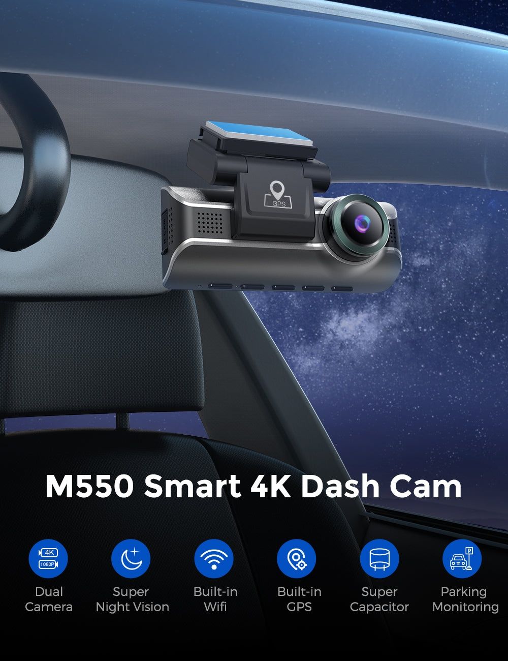 Kit 2 Câmaras Dashcam 4K e Retaguarda com Cartão Azdome M550 Pro WiFi