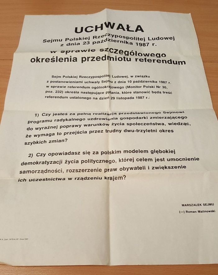 Plakat z PRL, Uchwała Sejmu PRL z 1987 r. w sprawie referendum, UNIKAT