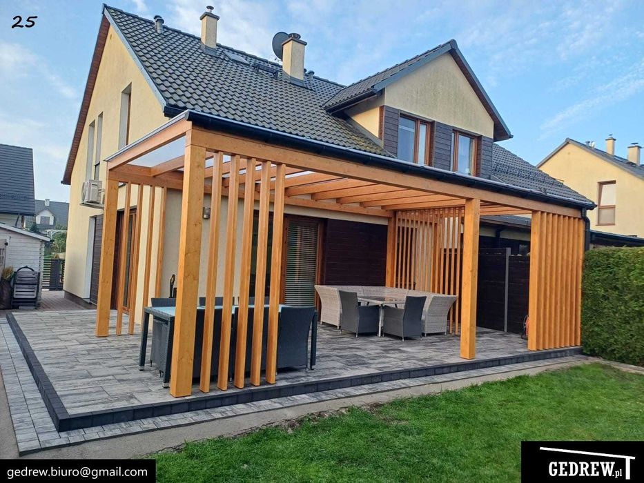 Nowoczesne zadaszenie tarasu lamelki drewniane patio pergola