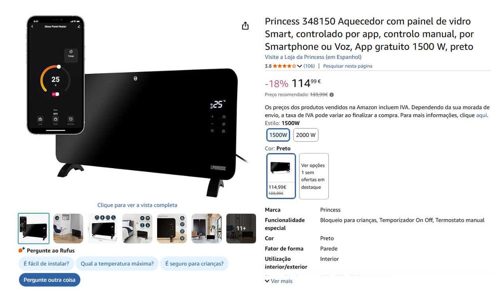 Aquecedor Elétrico Smart 1500 W, controlo com app, Google Home / Alexa