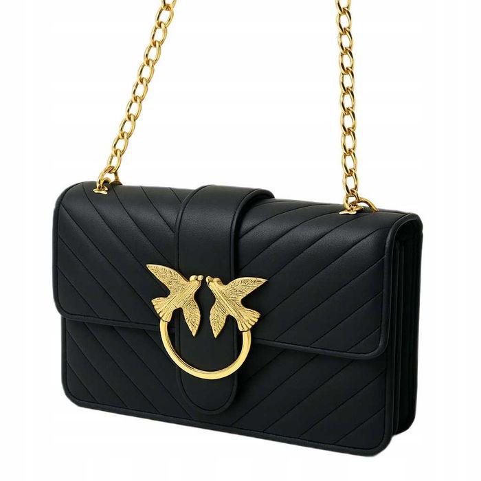 Torebka Damska Z Ptaszkami Czarna Skórzana Długi Łańcuszek Elegancka