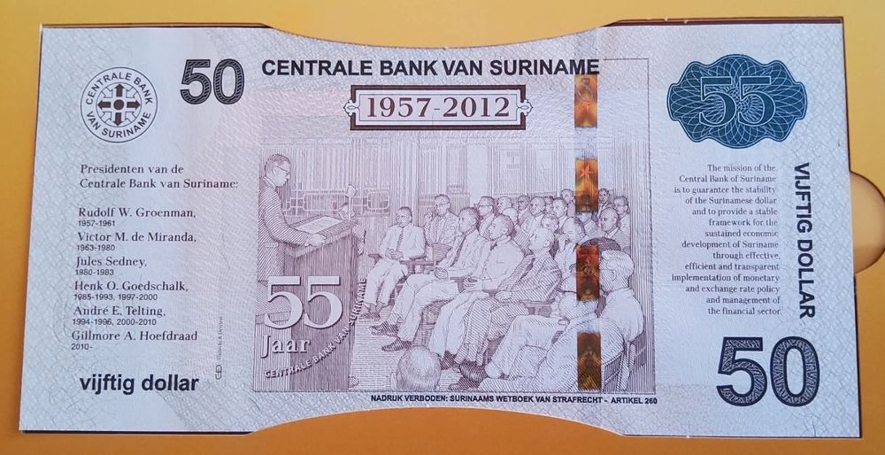 SURINAME 50 dólares 2012 comemorativa/ FOLDER