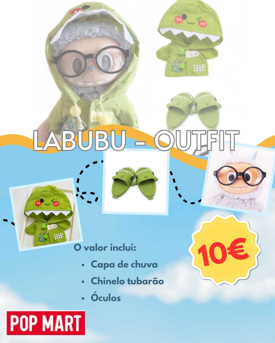 Labubu - kit (capa de chuva, chinelo tubarão e óculos).