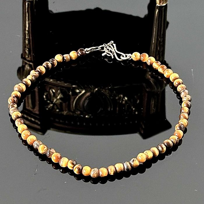 Bransoletka srebra na nogę, naturalne Tygrysie Oko, srebra próby 800