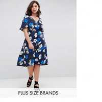 Nowa sukienka na lato 4XL 48 granatowa w kwiaty midi wrap dress kopert