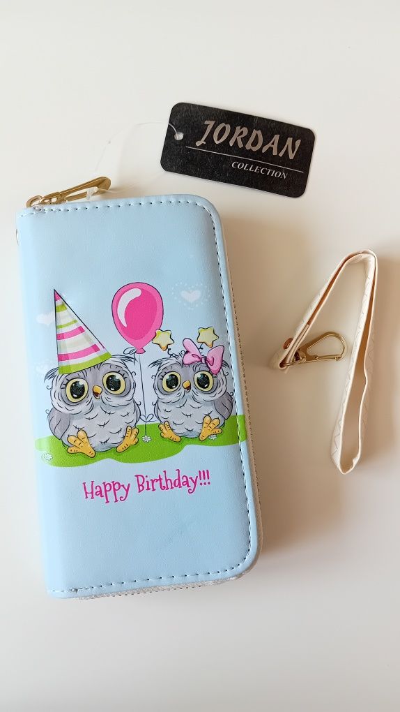 Nowy! Piękny portfel niebieski z sowami "Happy Birthday"