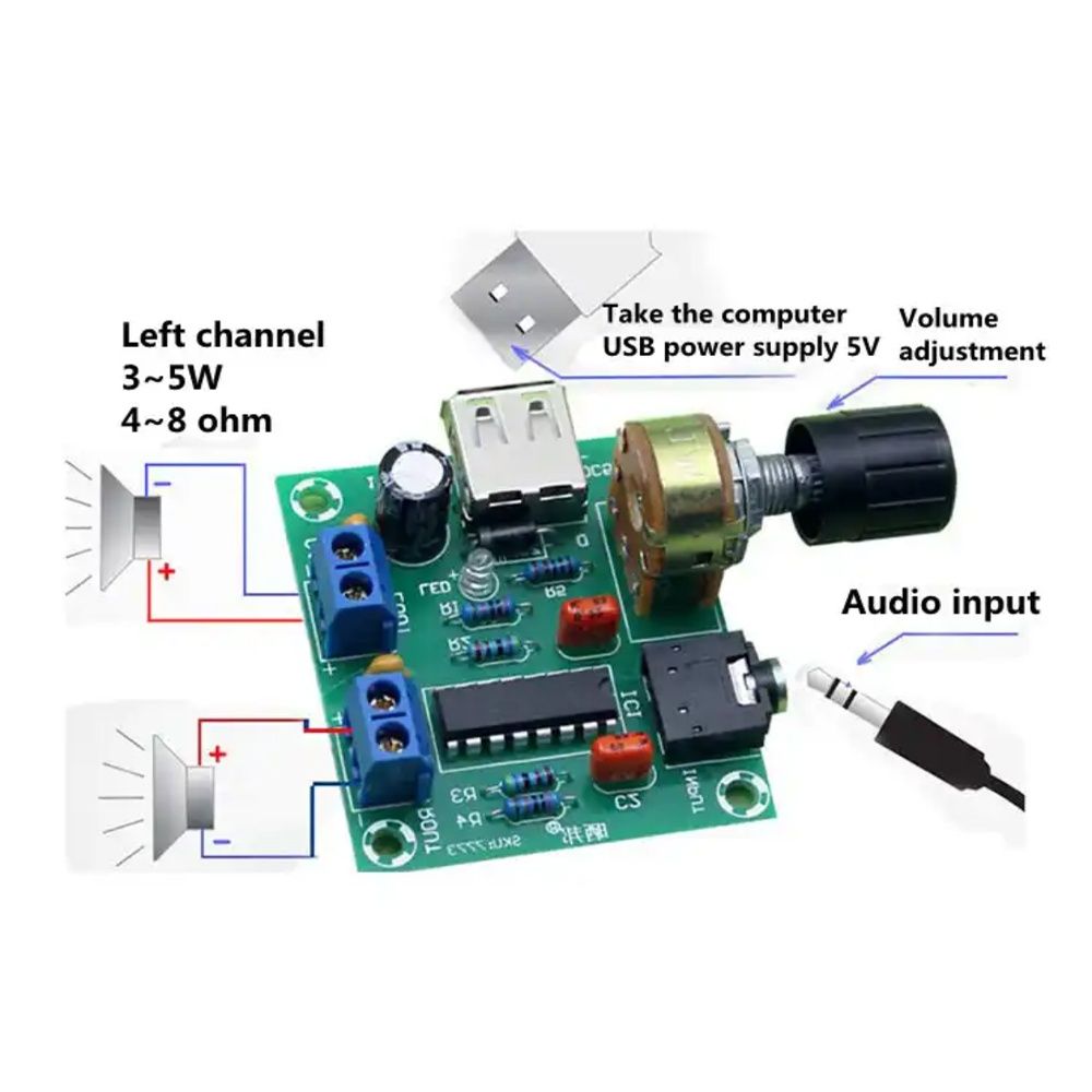 Усилитель мощности звука РМ2038.  2*5W. DC 3,7-6V. AUX, usb. Стерео