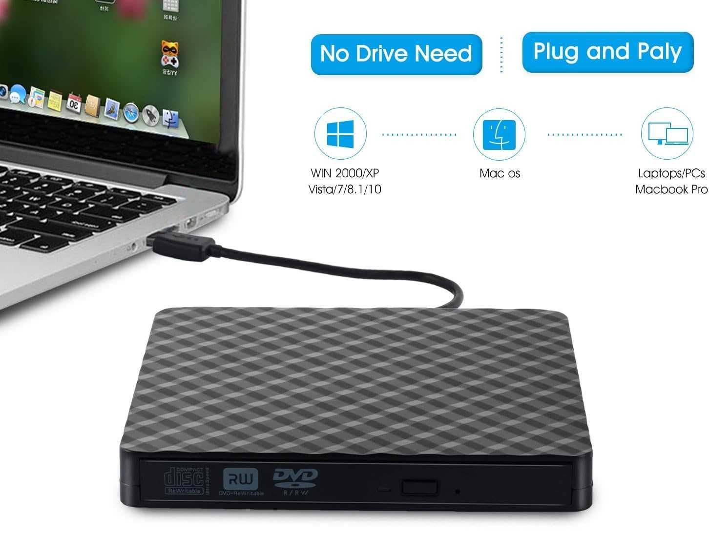 Zewnętrzny napęd DVD ROM CD +/-RW USB 3.0/typ C odtwarzacz/nagrywarka