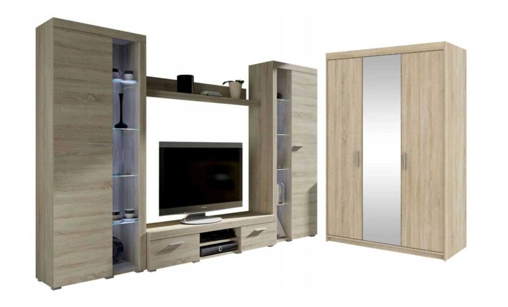 Meblościanka + Szafa Lustro  Dąb Lefkas / Biała / Dąb Sonoma