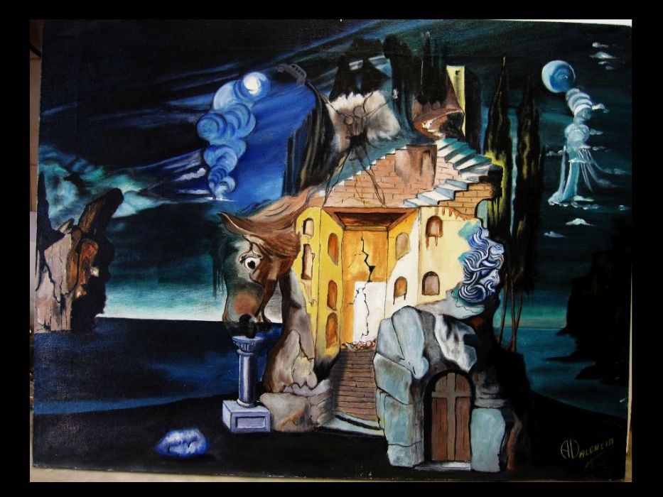 pintura surrealista em óleo sobre tele assinada A. Valencia