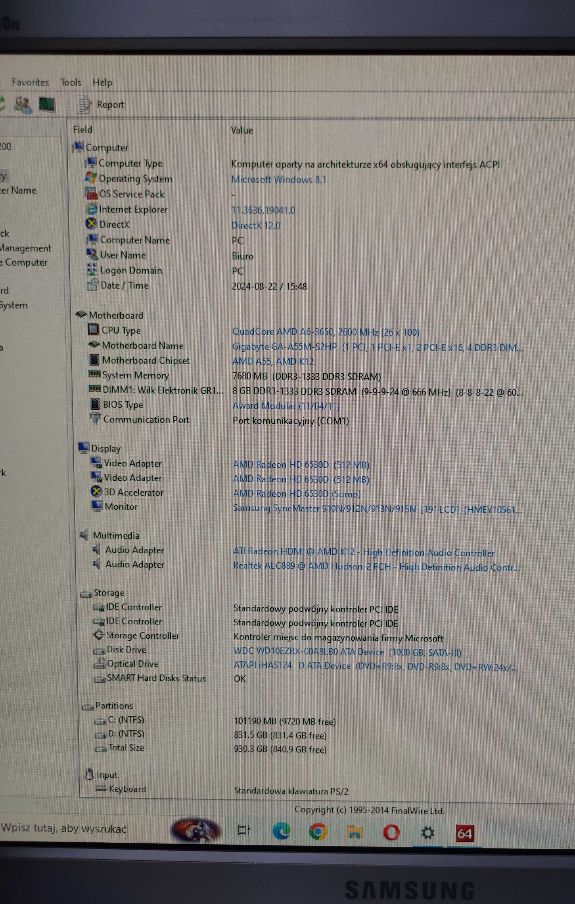 Komputer PC/Monitor/Klawiatura/Bezprzewodowa mysz/HDD 1000Gb/RAM 8Gb
