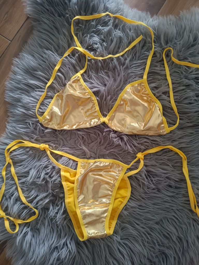 Nowy kostium kąpielowy bikini zloty latex sml