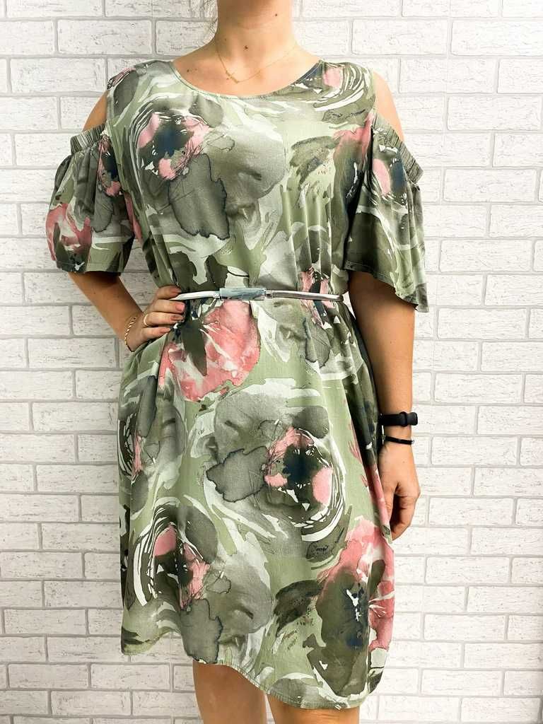 Sukienka khaki w kwiaty z odkrytymi ramionami L/XL