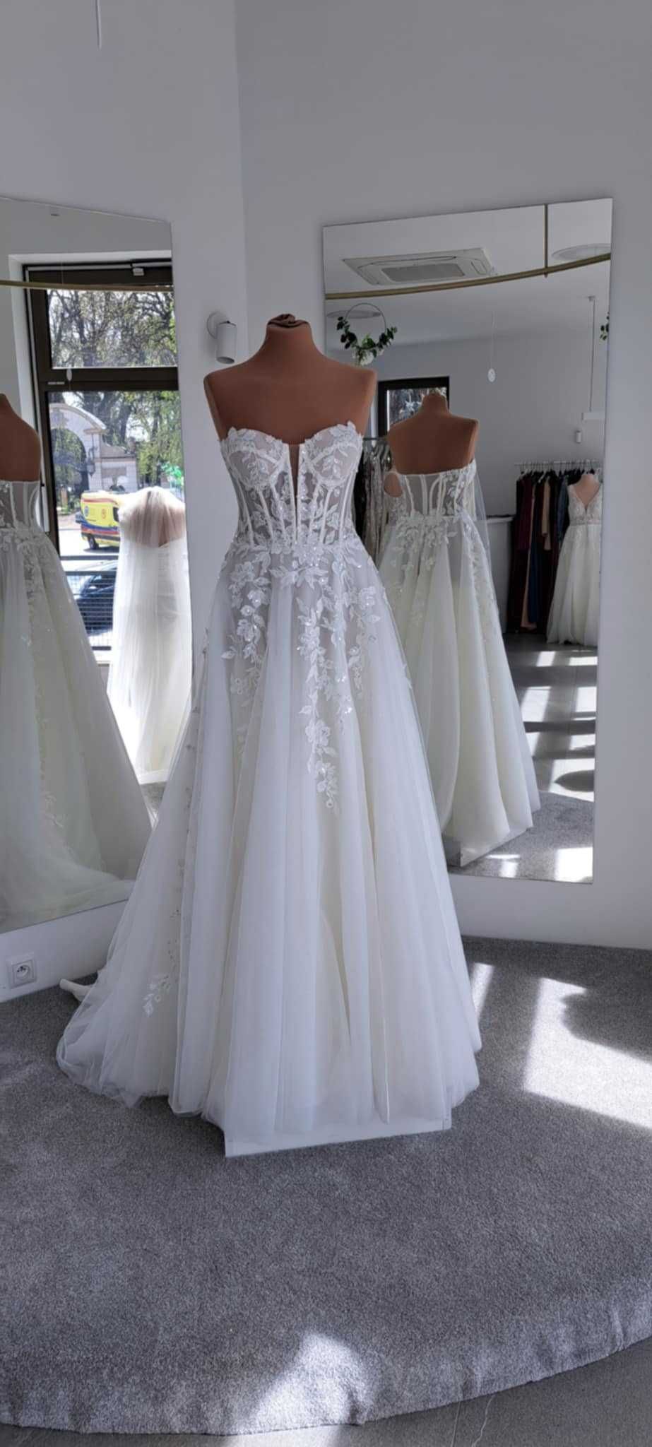 Nowa suknia gorsetowa kwiaty ivory roz. 36 38 40
