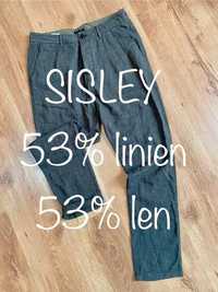 Sisley 42 spodnie cygaretki haremki eleganckie len khaki braz linien