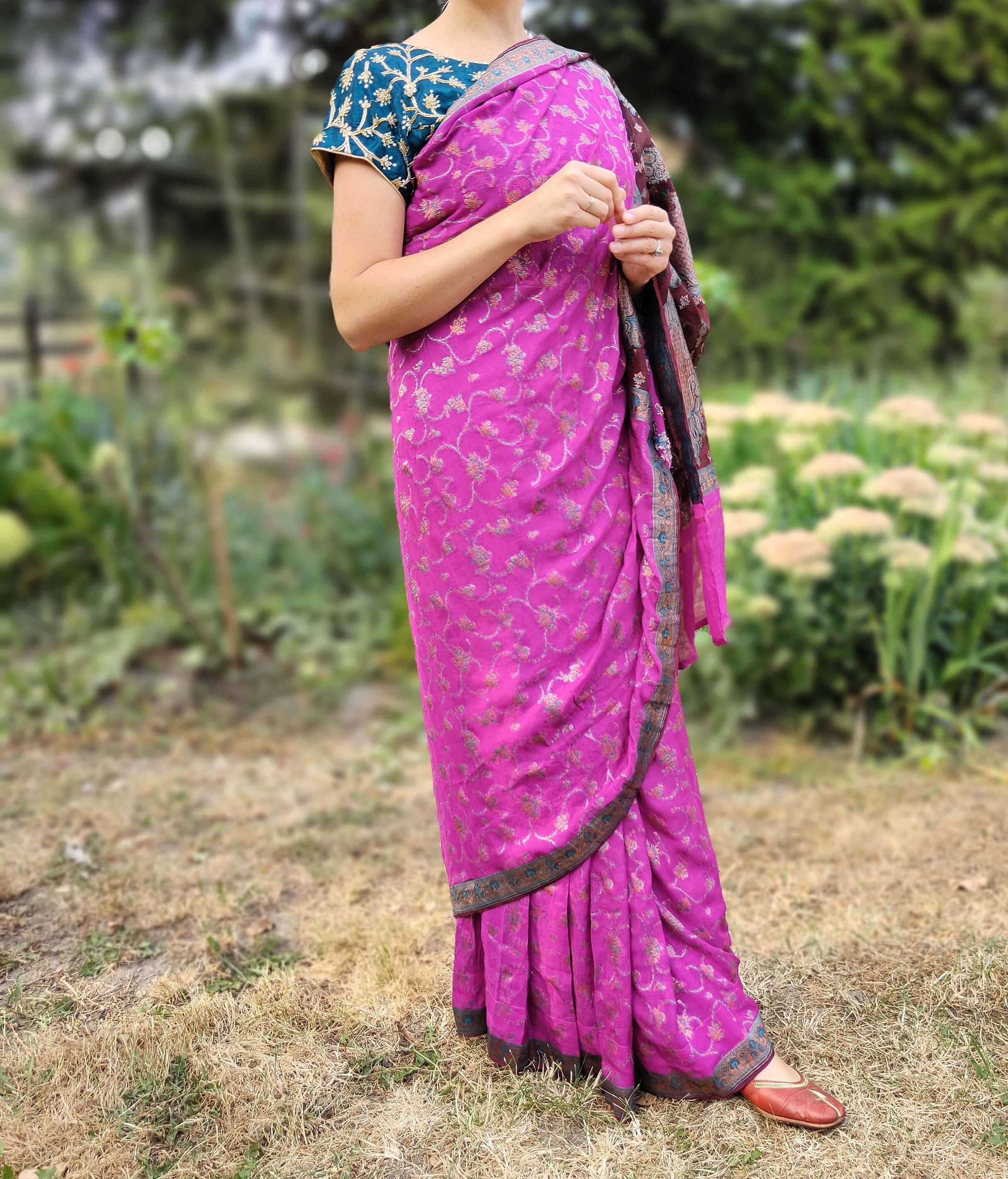 Piękne sari banarasi saree Indie Bollywood Orient różowe szyfon suknia