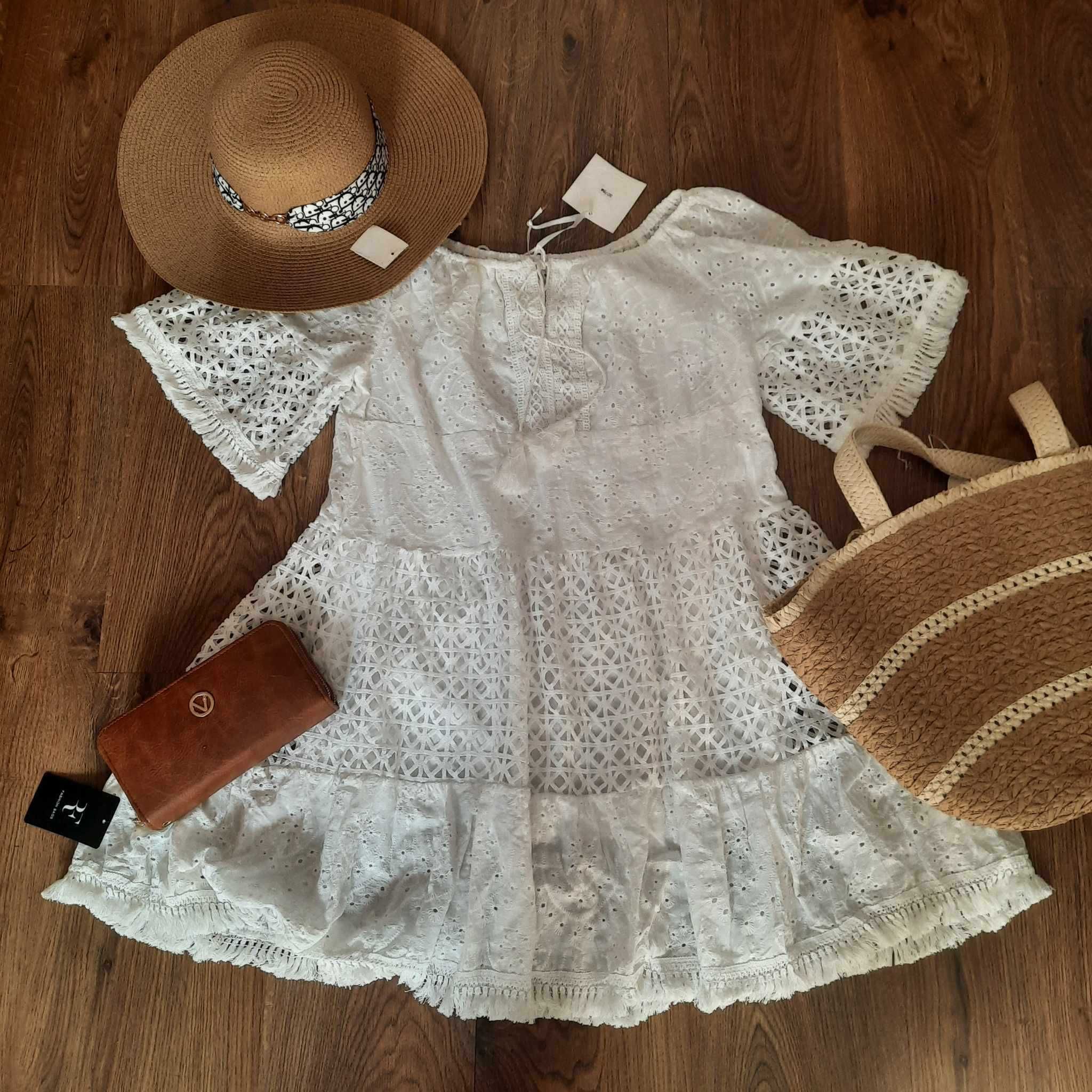 Piękna sukienka na lato boho biel L/XL gipiura koronka, jakość premium