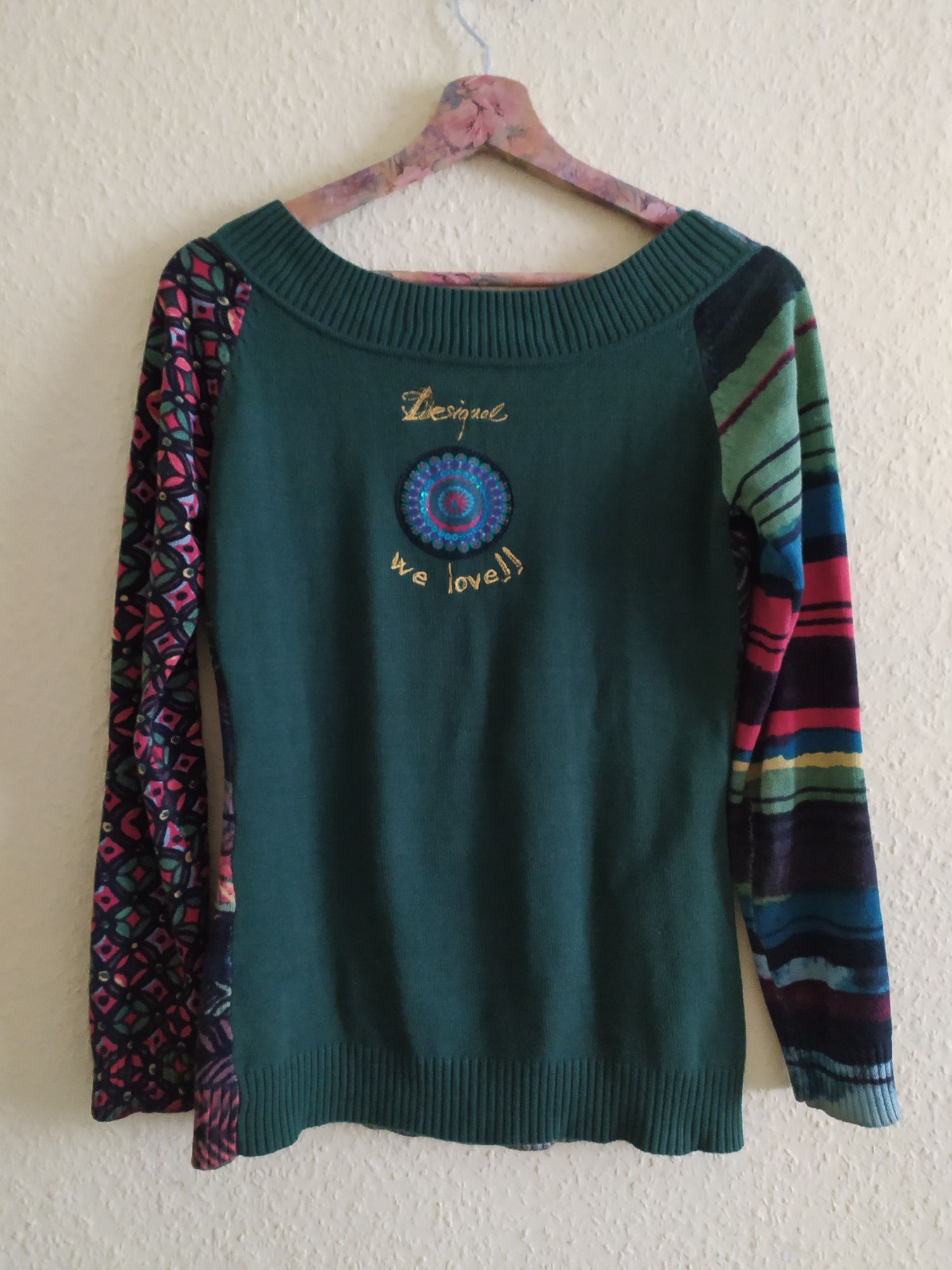 Desigual zielona bluzka, cienki sweter bawełna Boho wzór S