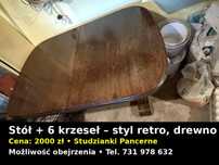 Stół rozkładany + 6 krzeseł – styl retro, drewno dębowe (komplet)