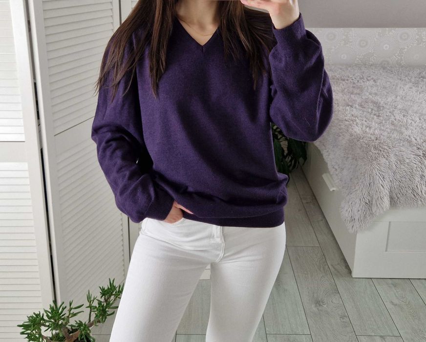 Lindbergh fioletowy wełniany sweter w serek 50% wełna merino XL