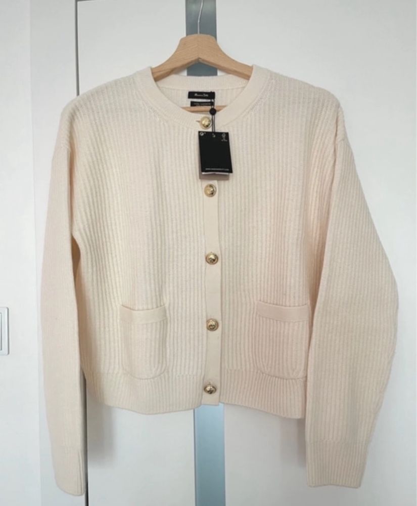 Kardigan sweter XS 34 massimo dutti jasny kremowy kaszmir wełna hit