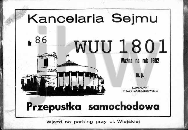 Warszawa Sejm przepustka samochodowa 1992 r