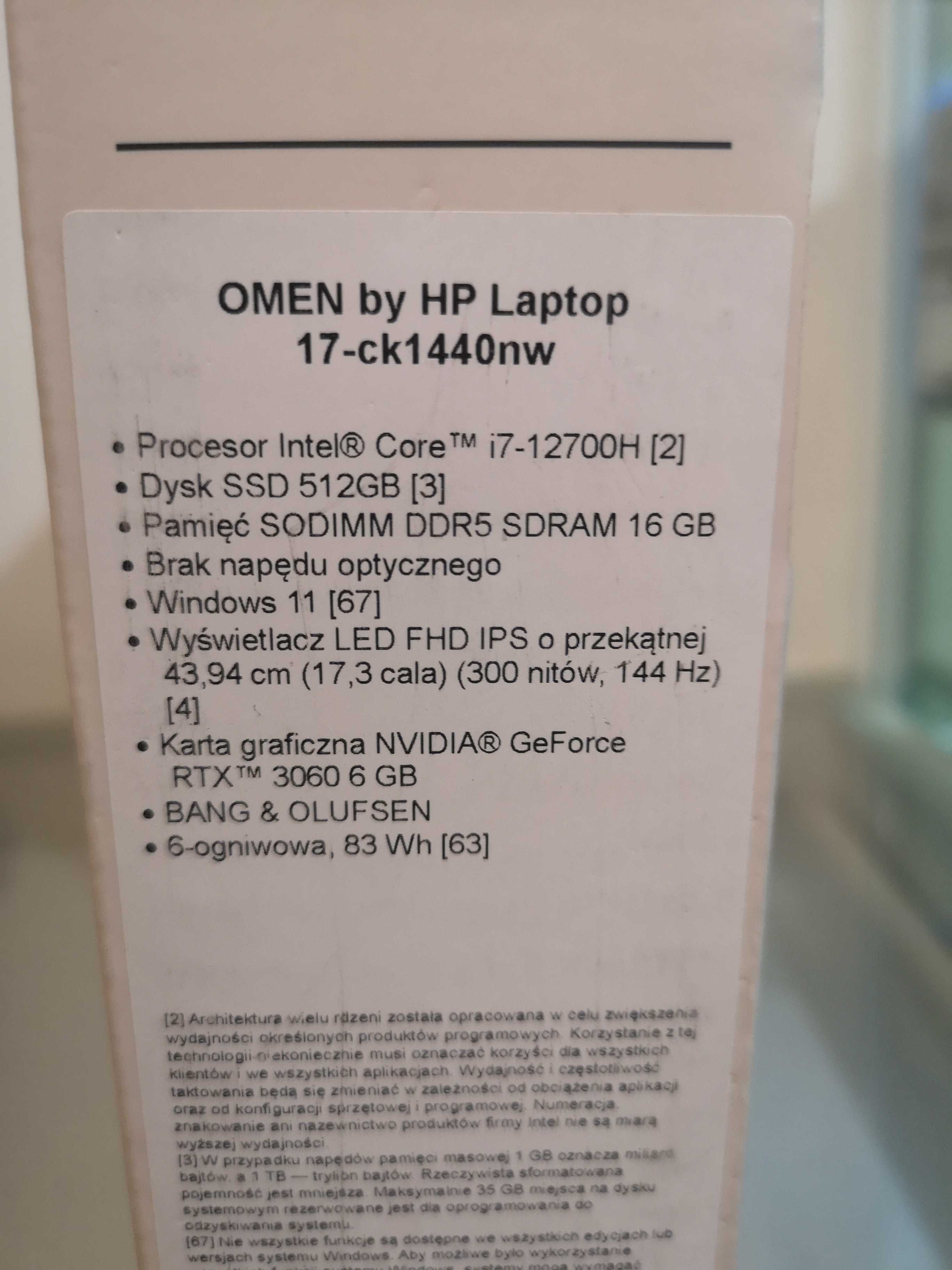 Laptop HP Omen 17-ck1440nw 17" i7-12700H RTX3060 16/512GB SSD B&O GW
