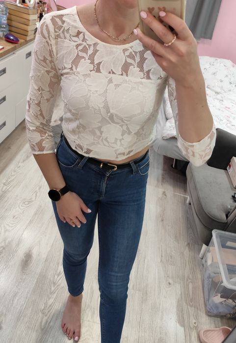 Biała krótka bluzka długi rękaw koronkowa elegancka Esprit S