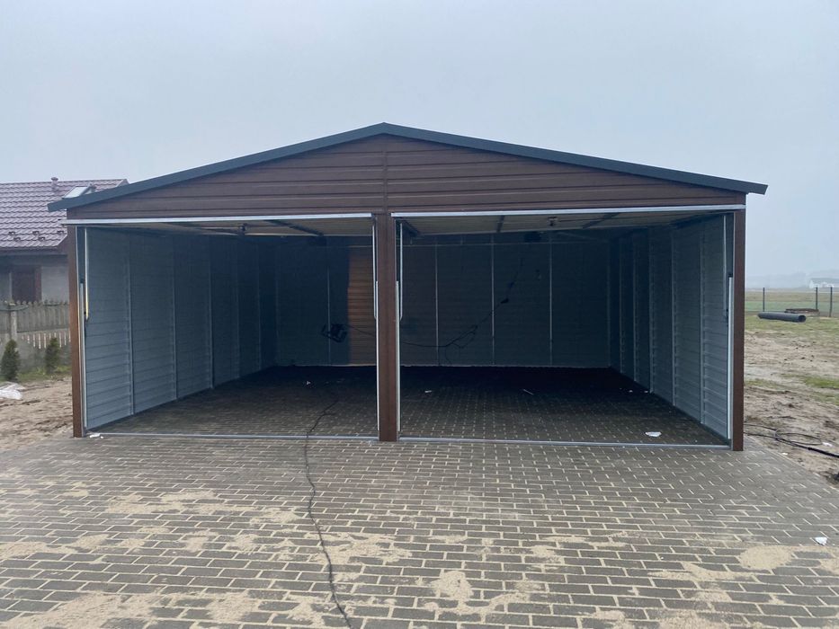 Garaż blaszany 6x5.8, drewnopodobny, orzech, amtracyt. PRODUCENT.