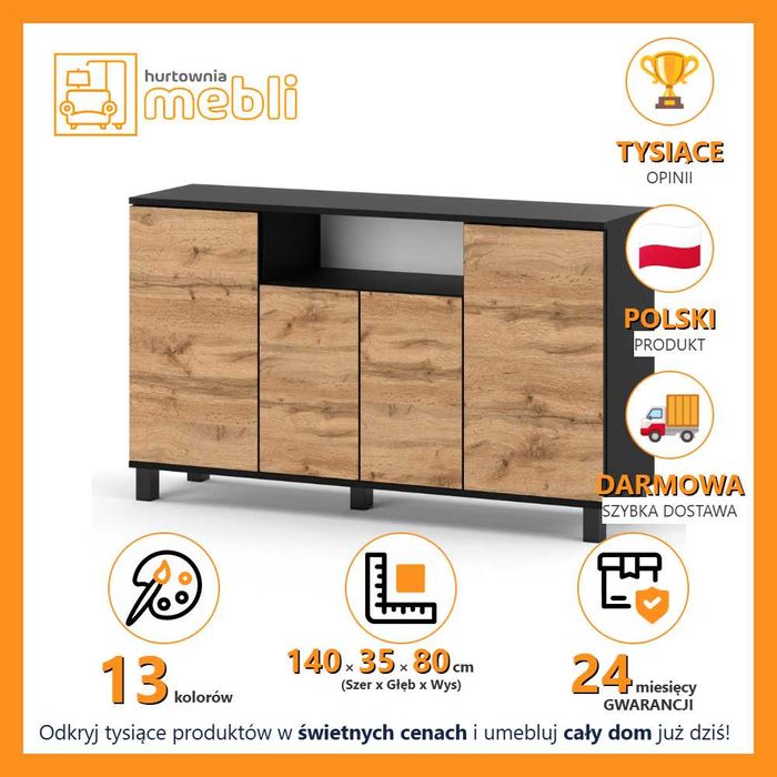 Komoda Bruno Nowoczesna Do Salonu 140cm Szafka Czterodrzwiowa Szeroka