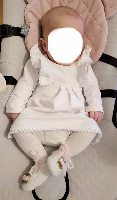 Biała sukienka 62 chrzest chrzciny handmade falbanki opaska na głowe p