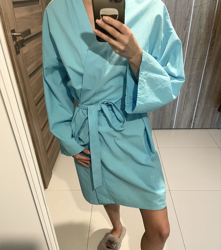 Kimono narzutka sukienka wiązana niebieska wiskoza len Evki Kids xs/s