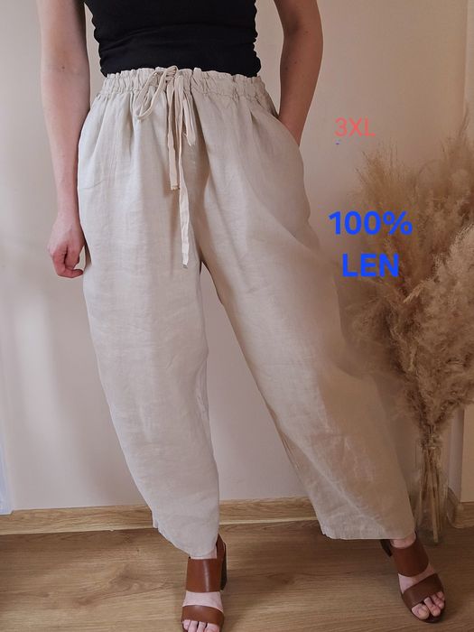 Letnie długie spodnie lniane 100% len beżowe 3XL casual boho 48-50