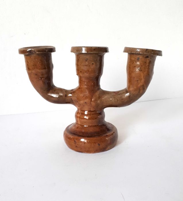 świecznik ceramiczny Iłża Chałupnik Cepelia trójramienny vintage