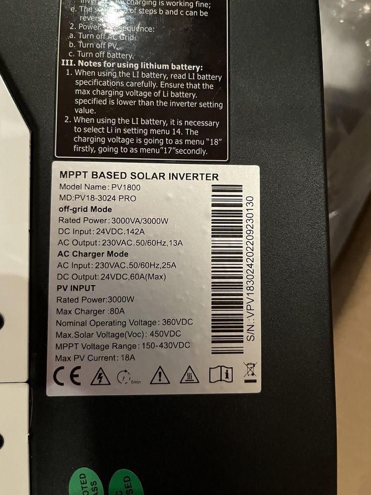 Комплект Інвертор Must PV-18 3024Pro 24v3kv/6kv +Батарея 24/100ah2,8кв