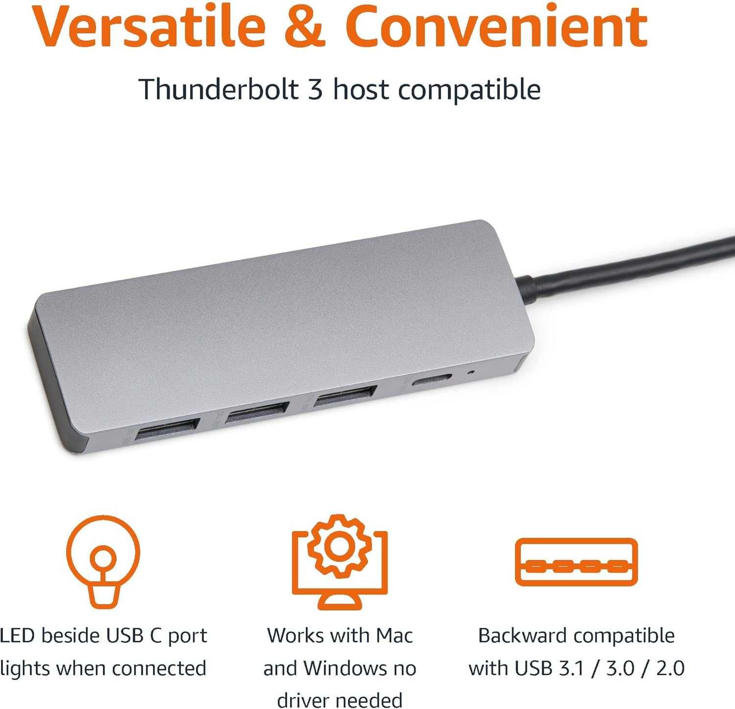 Amazon Basics Hub USB-C 3x USB 3.1 15 cm MackBook Laptopa Thunderbolt