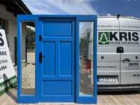 Drzwi wejściowe drewniane na wymiar Niebieskie z doświetlami 187x208