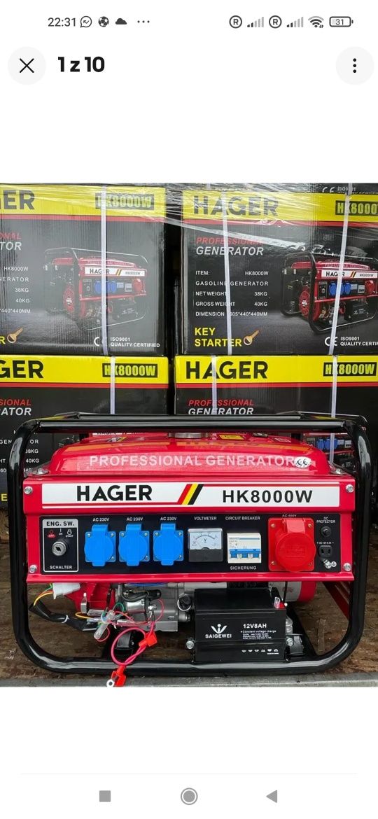 Hager HK8000W z rozrusznikiem elektrycznym, profesjonalny agregat prąd