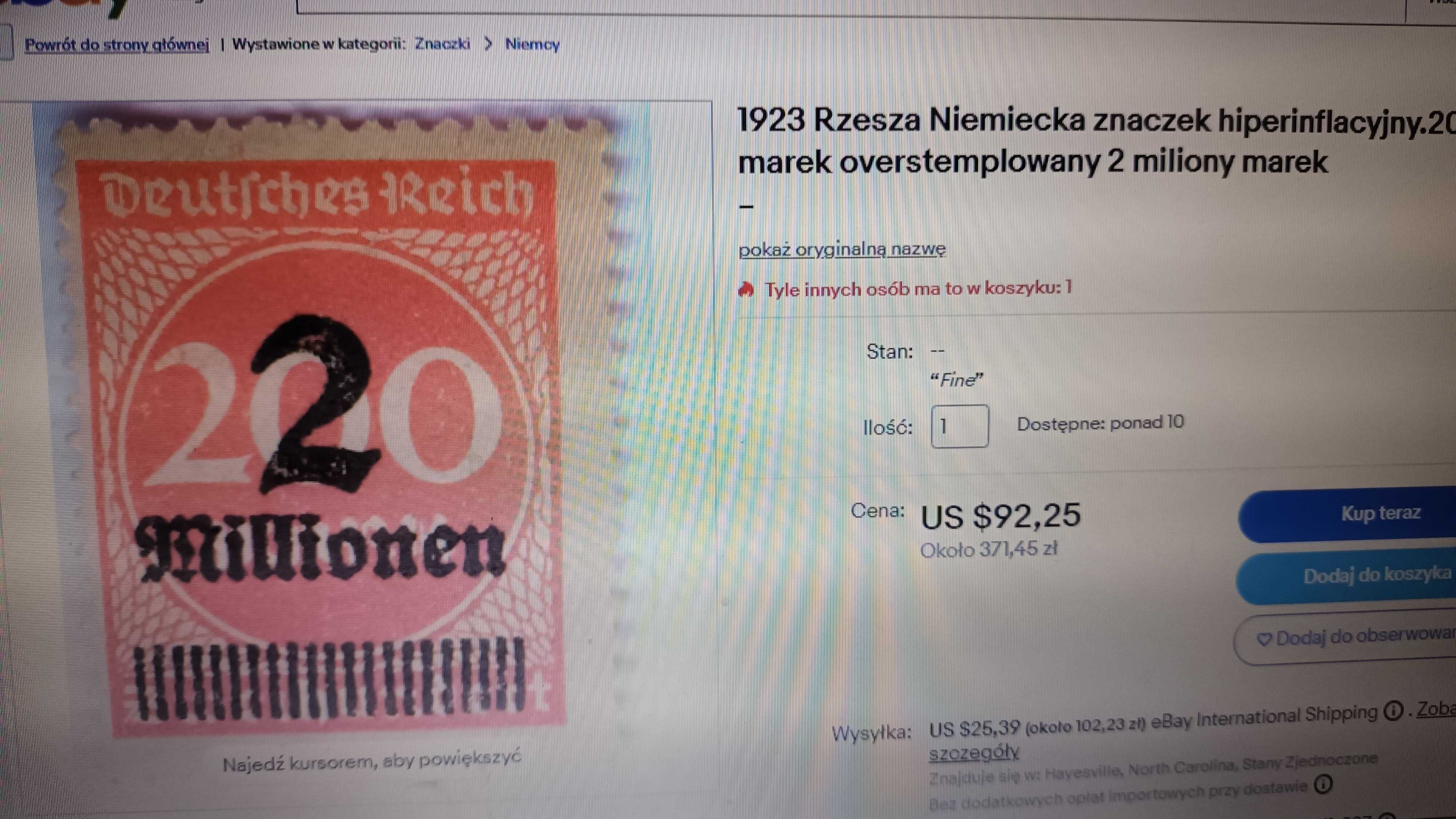 1923 Rzesza  znaczek hiperinflacyjny. overstemplowany 2 miliony marek