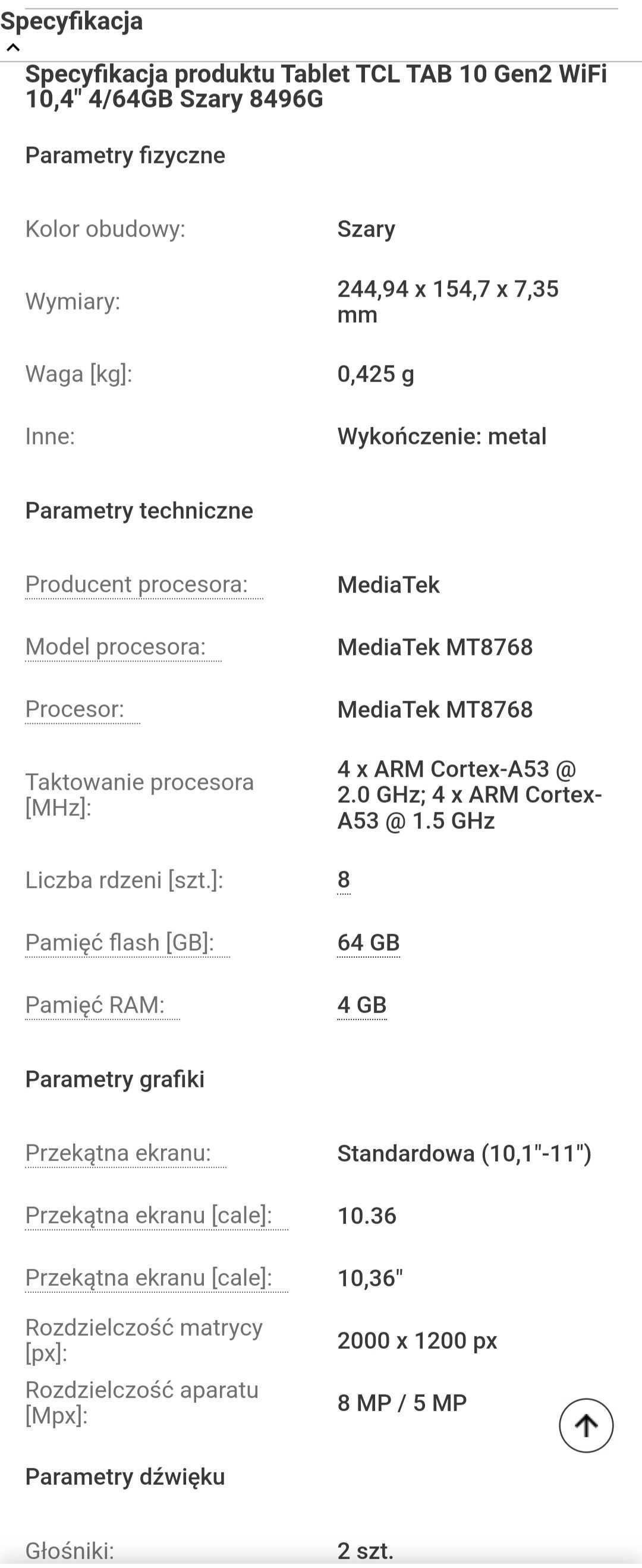Tablet TCL TAB 10 Gen 2 10,4" 2K 4/64GB Wi-Fi Szary