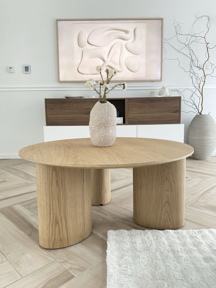 Okrągły stolik kawowy ława 100cm nowoczesny design jasny dąb