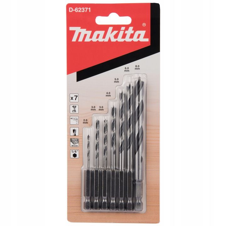 Wiertła Do Drewna Zestaw 1/4" Hex 2 - 8 Mm Komplet 7 Szt. Makita D-623