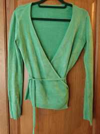 Sweter wiązany na zakładkę M 70% wełna zielony