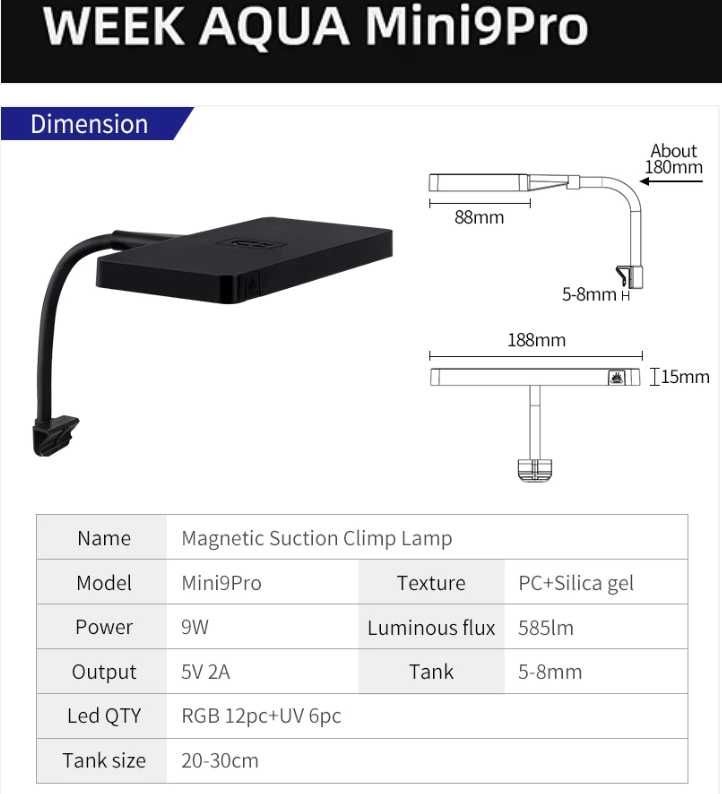 Lampa WeekAqua RGB+UVA Bluetooth mini 9 pro