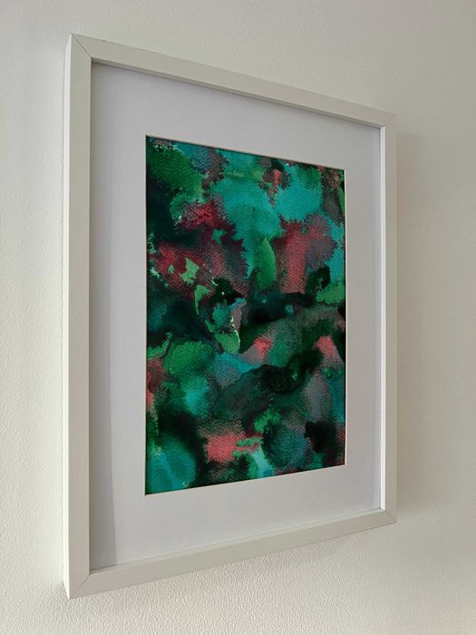 Pintura abstrata em acrílico em tons de azul e verde com moldura 30x40